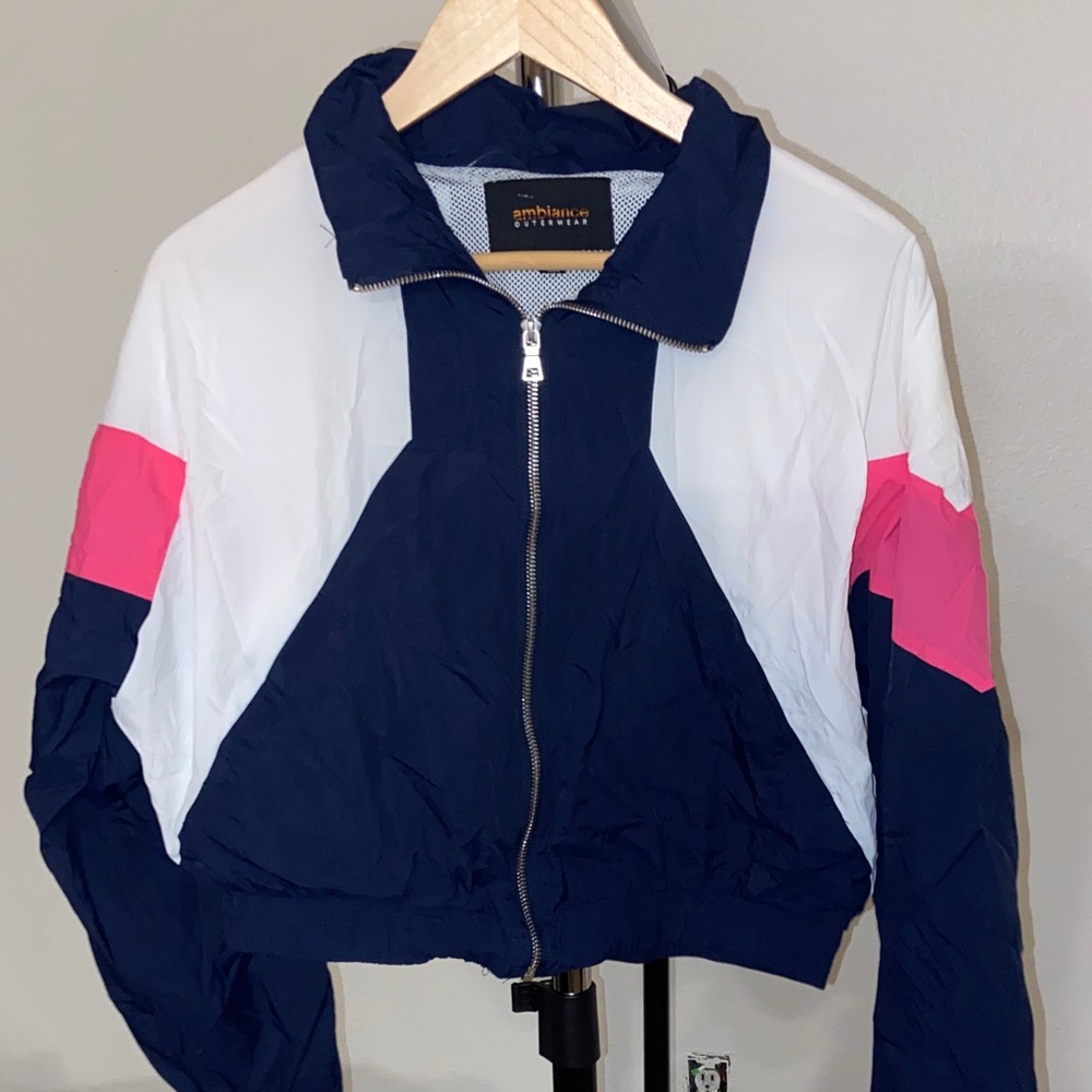 Anthropologie Navy and Pink Bomber Jacket